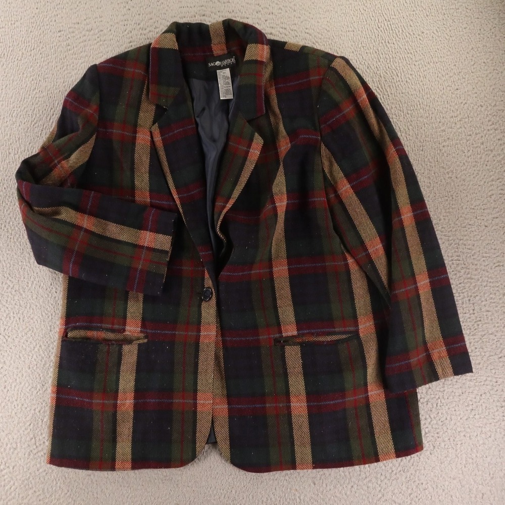 VTG Weed Jacket Womens 18W Green Check Plaid Wool Blend Vintage Blazer